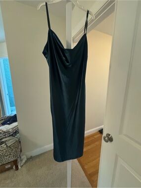 Cowl-Neck Satin Slip Midi Dress in Deep Teal
